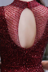 Elegant Illusion neck Burgundy Sleeveless Mermaid Prom Party Gowns-showprettydress