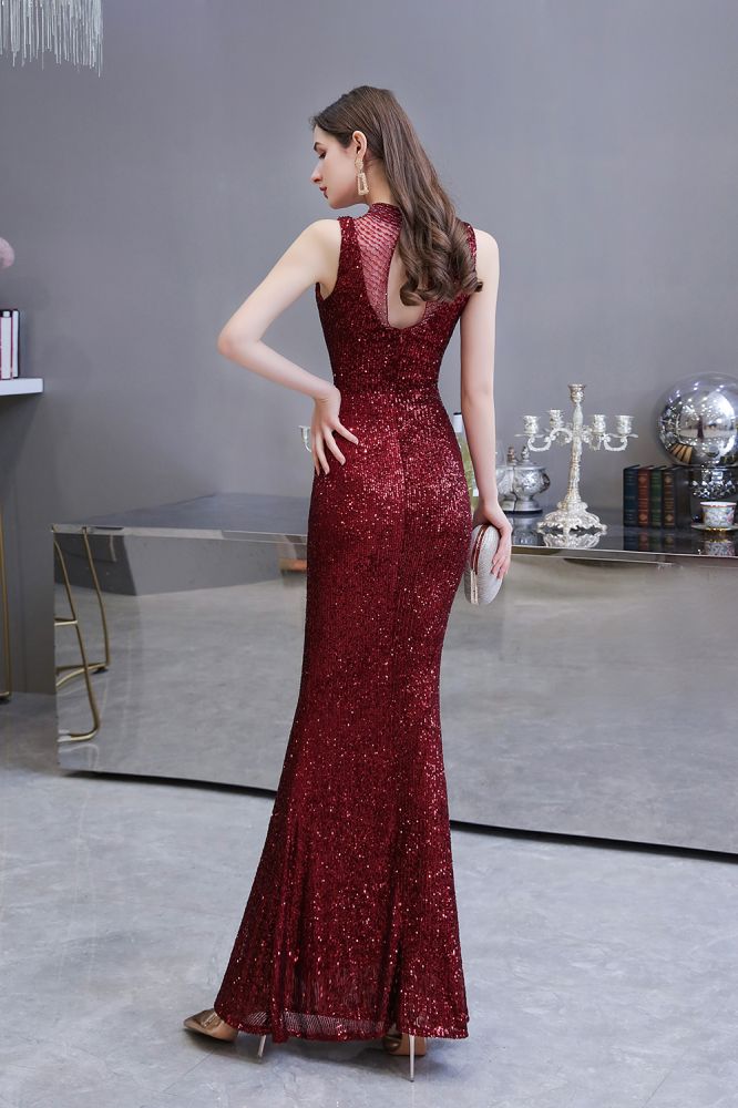 Elegant Illusion neck Burgundy Sleeveless Mermaid Prom Party Gowns-showprettydress
