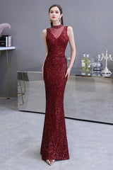 Elegant Illusion neck Burgundy Sleeveless Mermaid Prom Party Gowns-showprettydress