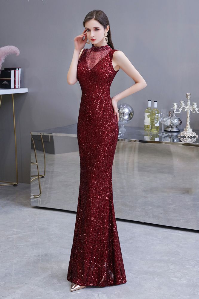 Elegant Illusion neck Burgundy Sleeveless Mermaid Prom Party Gowns-showprettydress