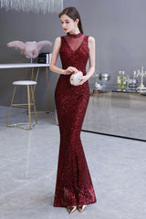 Elegant Illusion neck Burgundy Sleeveless Mermaid Prom Party Gowns-showprettydress
