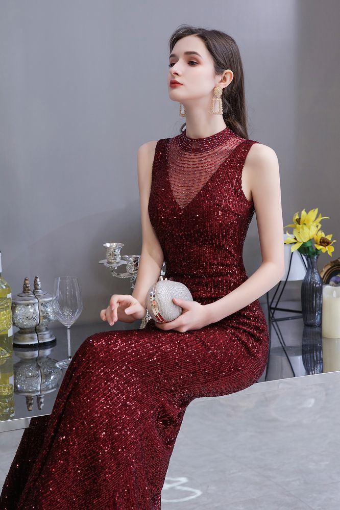 Elegant Illusion neck Burgundy Sleeveless Mermaid Prom Party Gowns-showprettydress