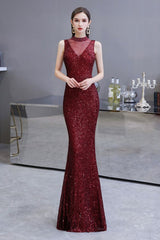 Elegant Illusion neck Burgundy Sleeveless Mermaid Prom Party Gowns-showprettydress