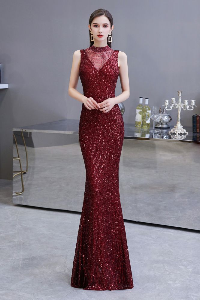 Elegant Illusion neck Burgundy Sleeveless Mermaid Prom Party Gowns-showprettydress