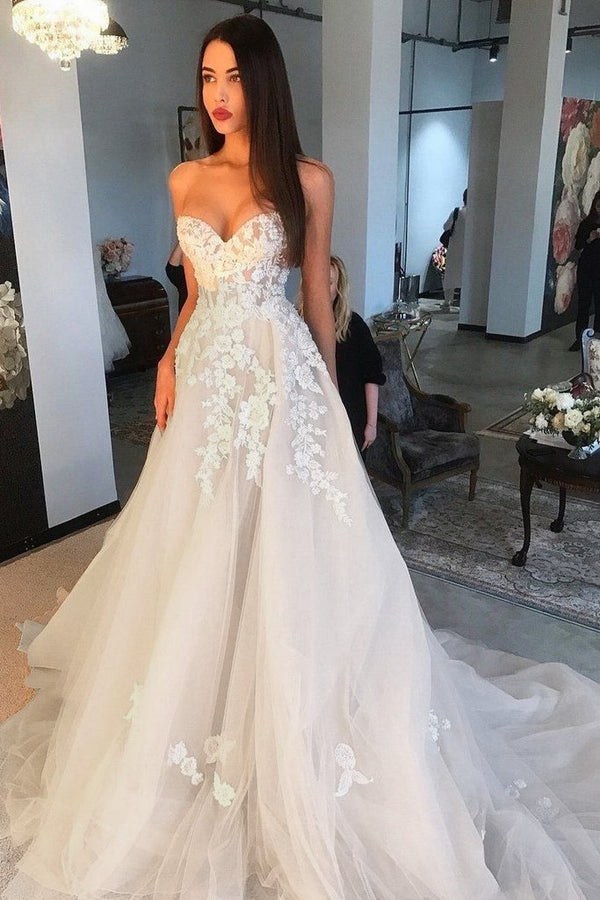 Elegant Ivory Long A Line Sweetheart Tulle Lace Applique Wedding Dress-showprettydress