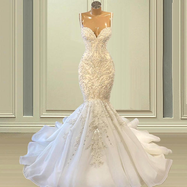 Elegant Ivory Spaghetti straps Sleeveless Mermaid Wedding Dresses-showprettydress