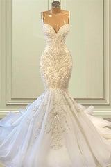 Elegant Ivory Spaghetti straps Sleeveless Mermaid Wedding Dresses-showprettydress