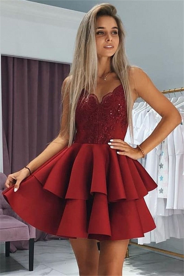 Elegant Layers Homecoming Dresses Spaghetti Straps Lace Hoco Dresses with Appliques-showprettydress