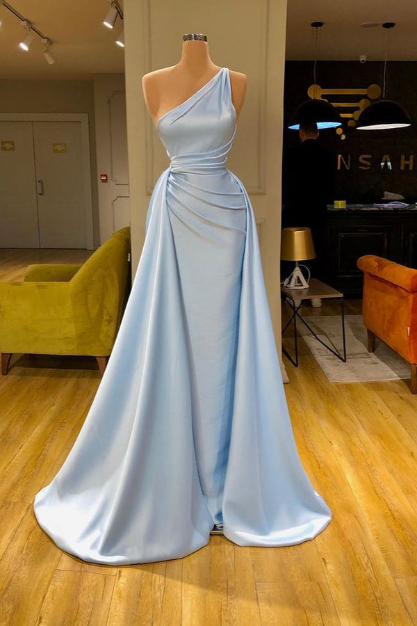 Elegant Light Blue Long Mermaid One shoulder Overskirt Soft pleated Prom Dress-showprettydress
