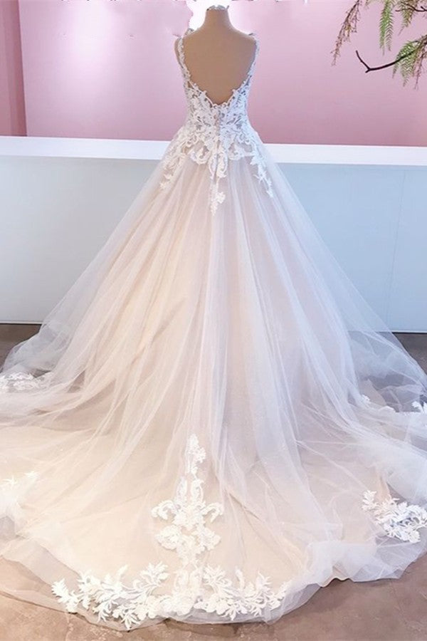 Elegant Long A-Line Appliques Lace Tulle Sweetheart Backless Wedding Dress-showprettydress