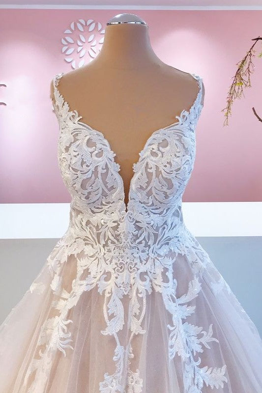 Elegant Long A-Line Appliques Lace Tulle Sweetheart Backless Wedding Dress-showprettydress