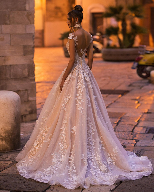 Elegant Long A-Line Bateau Appliques Lace Backless Sequins Wedding Dress-showprettydress