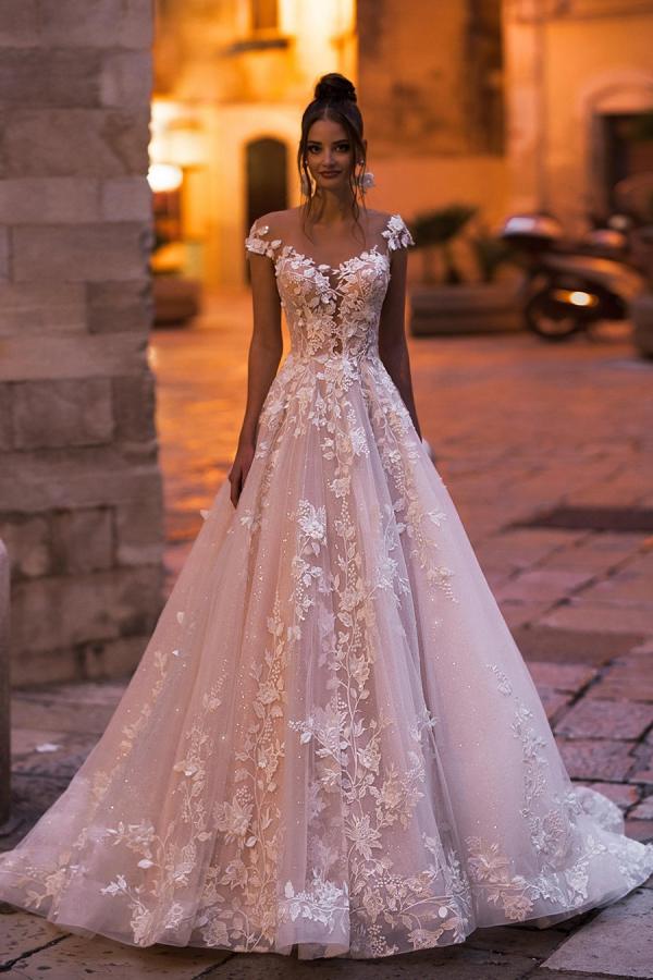 Elegant Long A-Line Bateau Appliques Lace Backless Sequins Wedding Dress-showprettydress