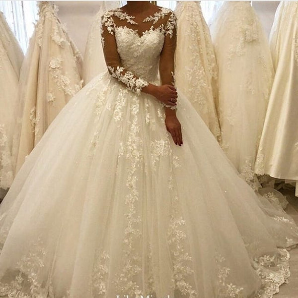 Elegant Long A-Line Bateau Appliques Lace Ruffles Tulle Wedding Dress with Sleeves-showprettydress