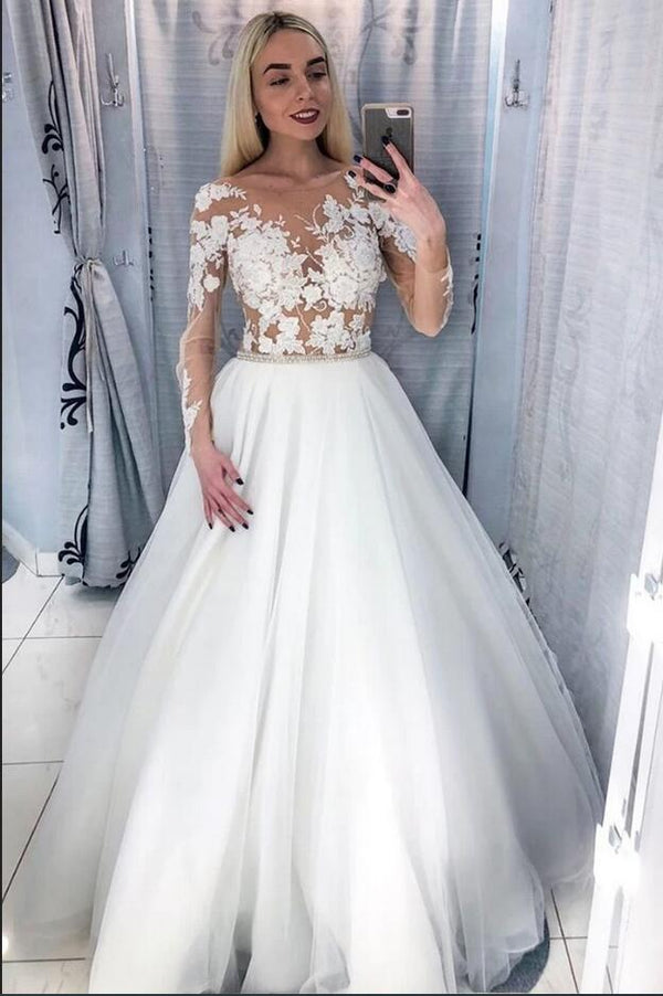 Elegant Long A-Line Bateau Appliques Lace Tulle Wedding Dress with Sleeves-showprettydress