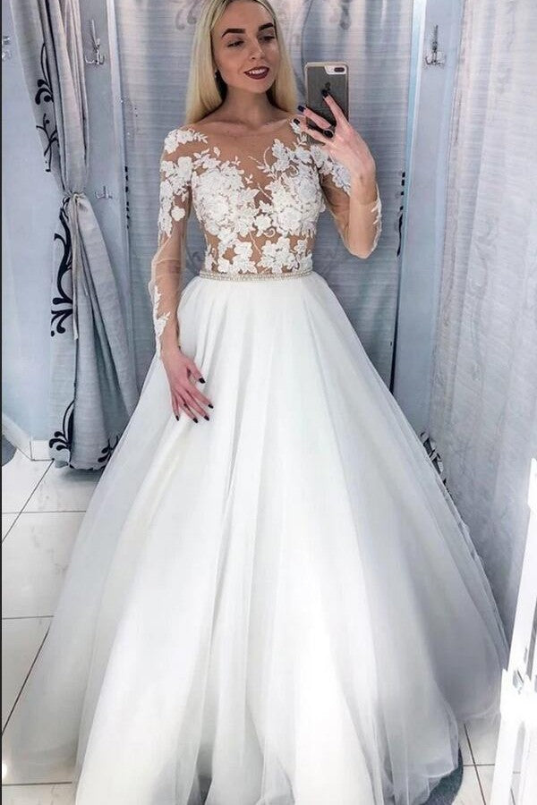 Elegant Long A-Line Bateau Appliques Lace Tulle Wedding Dress with Sleeves-showprettydress