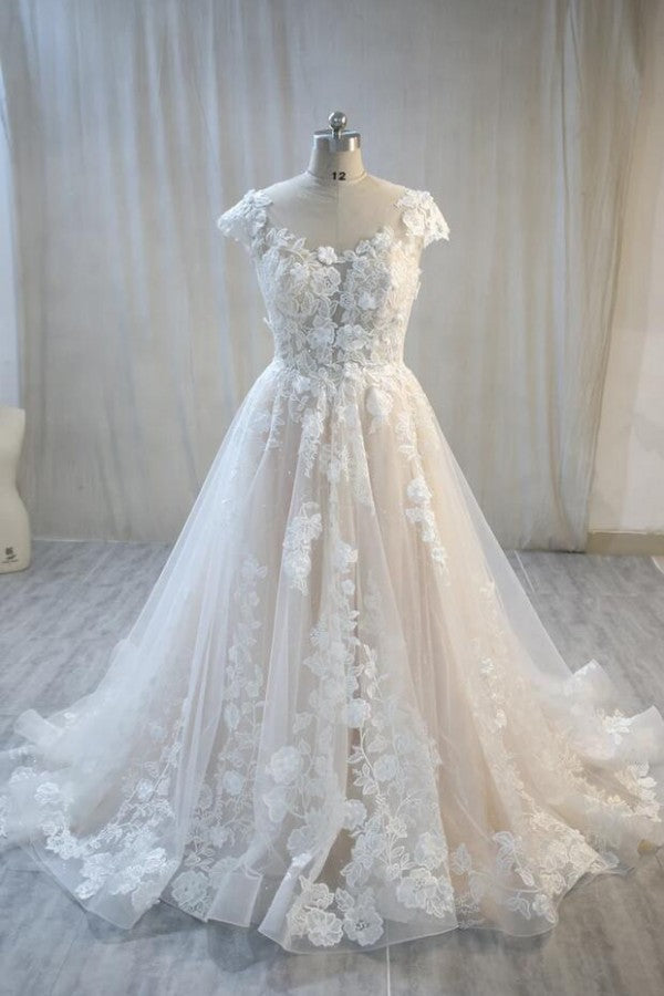 Elegant Long A-Line Bateau Backless Appliques Lace Tulle Wedding Dress-showprettydress