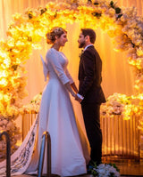Elegant Long A-line Bateau Satin Wedding Dress with Sleeves-showprettydress