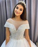 Elegant Long A-Line Bateau Sequins Crystal Tulle Train Wedding Dress with Sleeves-showprettydress
