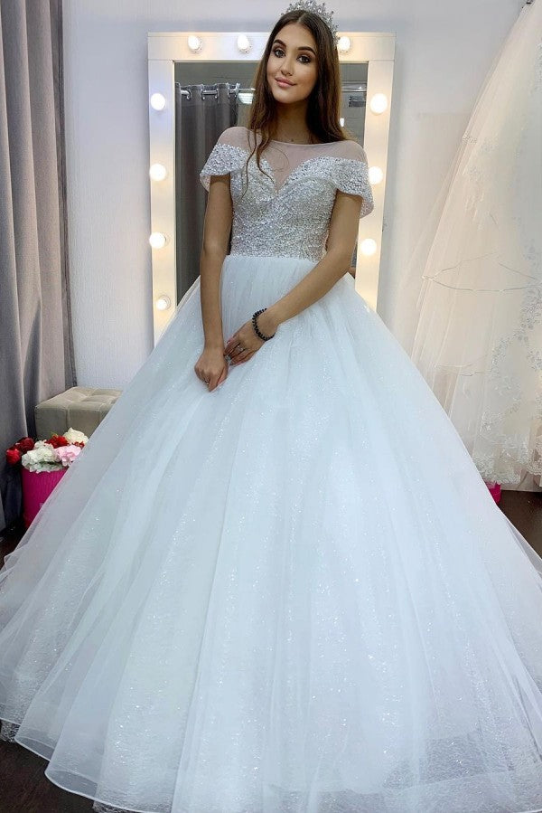Elegant Long A-Line Bateau Sequins Crystal Tulle Train Wedding Dress with Sleeves-showprettydress