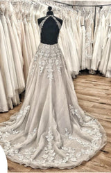Elegant Long A-line Halter Backless Appliques Lace Tulle Ruffles Train Wedding Dress-showprettydress
