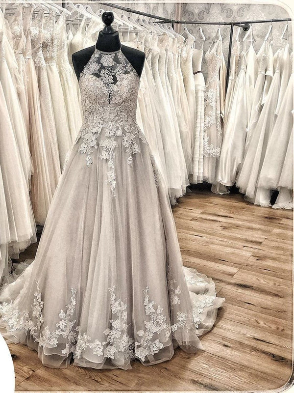 Elegant Long A-line Halter Backless Appliques Lace Tulle Ruffles Train Wedding Dress-showprettydress