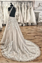 Elegant Long A-line Halter Backless Appliques Lace Tulle Ruffles Train Wedding Dress-showprettydress
