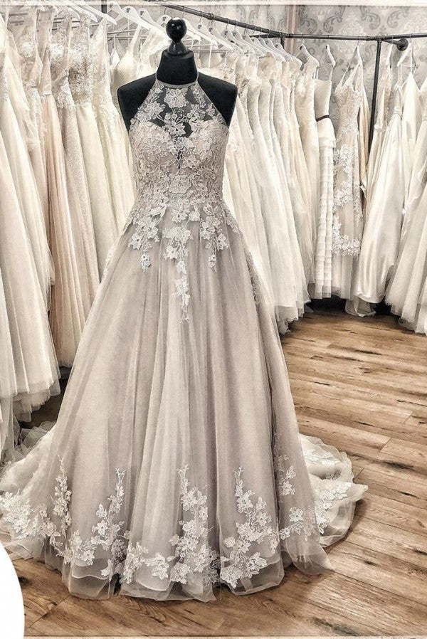 Elegant Long A-line Halter Backless Appliques Lace Tulle Ruffles Train Wedding Dress-showprettydress