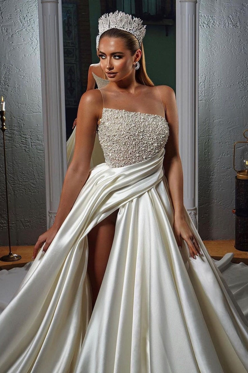Elegant Long A-line Illusion Neck Satin Front Slit Wedding Dress With Fully Beaded Top-showprettydress
