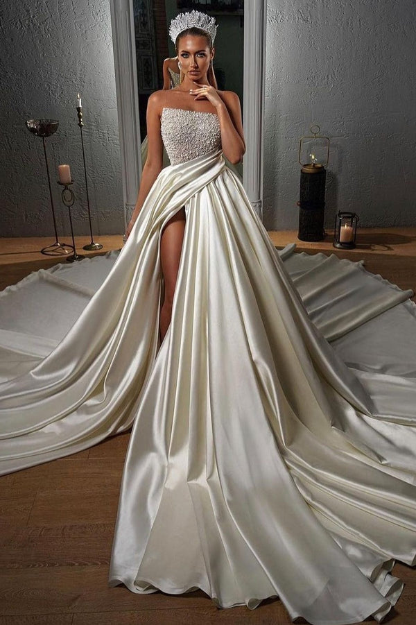 Elegant Long A-line Illusion Neck Satin Front Slit Wedding Dress With Fully Beaded Top-showprettydress