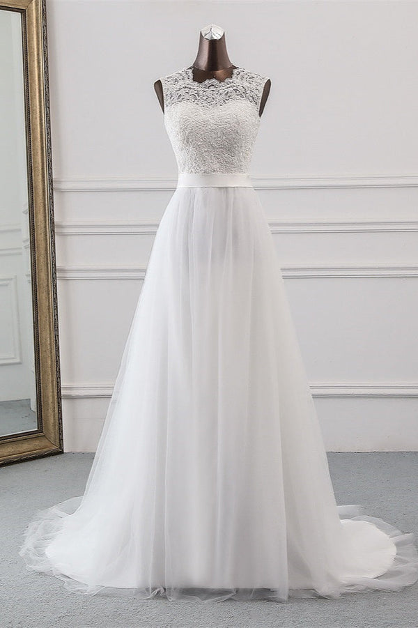 Elegant Long A-line Jewel Tulle Appliques Lace Wedding Dress-showprettydress