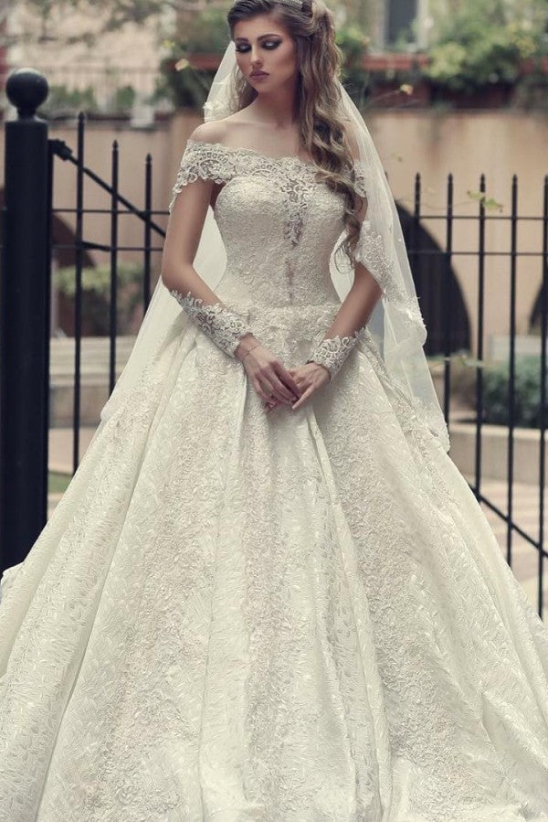 Elegant Long A-Line Off-the-Shoulder Backless Appliques Lace Wedding Dress with Sleeves-showprettydress