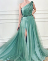 Elegant Long A-Line One Shoulder Side-Slit Sleeveless Tulle Prom Dresses with Slit-showprettydress