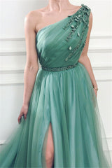 Elegant Long A-Line One Shoulder Side-Slit Sleeveless Tulle Prom Dresses with Slit-showprettydress