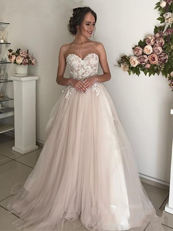 Elegant Long A-Line Sweethart Tulle Lace Wedding Dresses-showprettydress