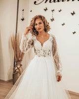 Elegant Long A-Line Sweetheart Appliques Lace Tulle Wedding Dress with Sleeves-showprettydress