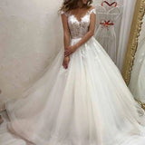Elegant Long A-line Sweetheart Off-the-shoulder Appliques Lace Tulle Wedding Dress-showprettydress
