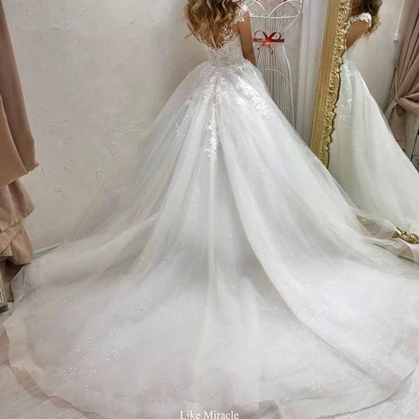 Elegant Long A-line Sweetheart Off-the-shoulder Appliques Lace Tulle Wedding Dress-showprettydress
