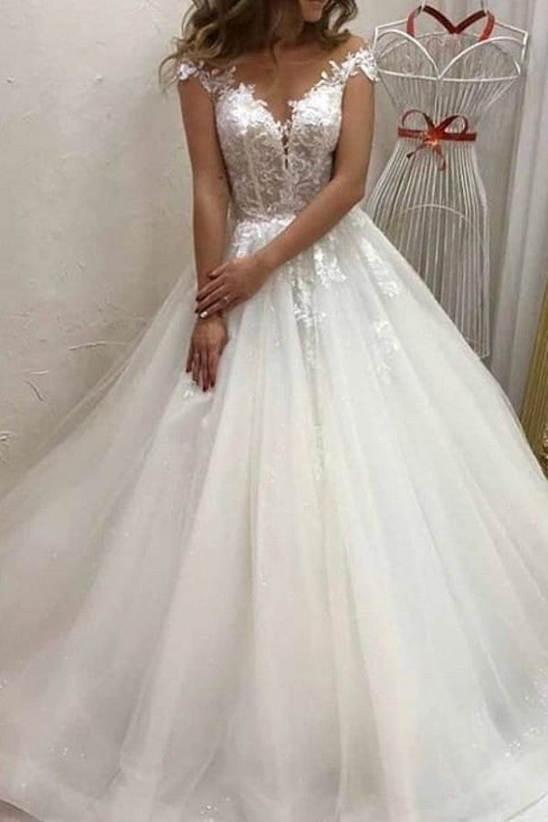 Elegant Long A-line Sweetheart Off-the-shoulder Appliques Lace Tulle Wedding Dress-showprettydress