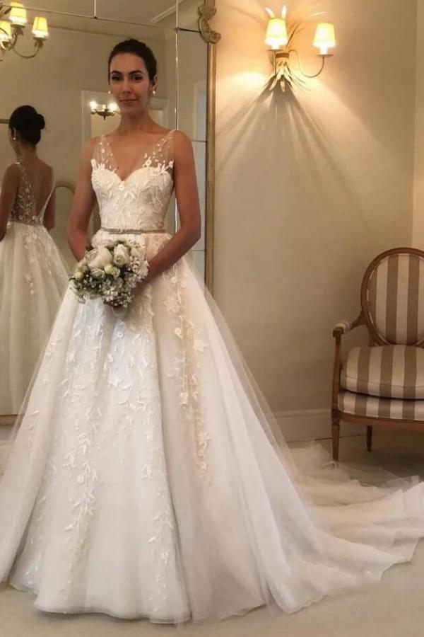 Elegant Long A-line Sweetheart Tulle Open Back Wedding Dress-showprettydress