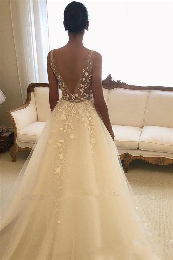 Elegant Long A-line Sweetheart Tulle Open Back Wedding Dress-showprettydress