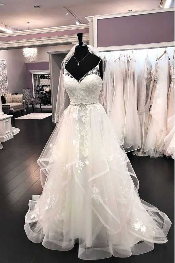 Elegant Long A Line Tulle Lace V Neck Spaghetti Straps Wedding Dress-showprettydress