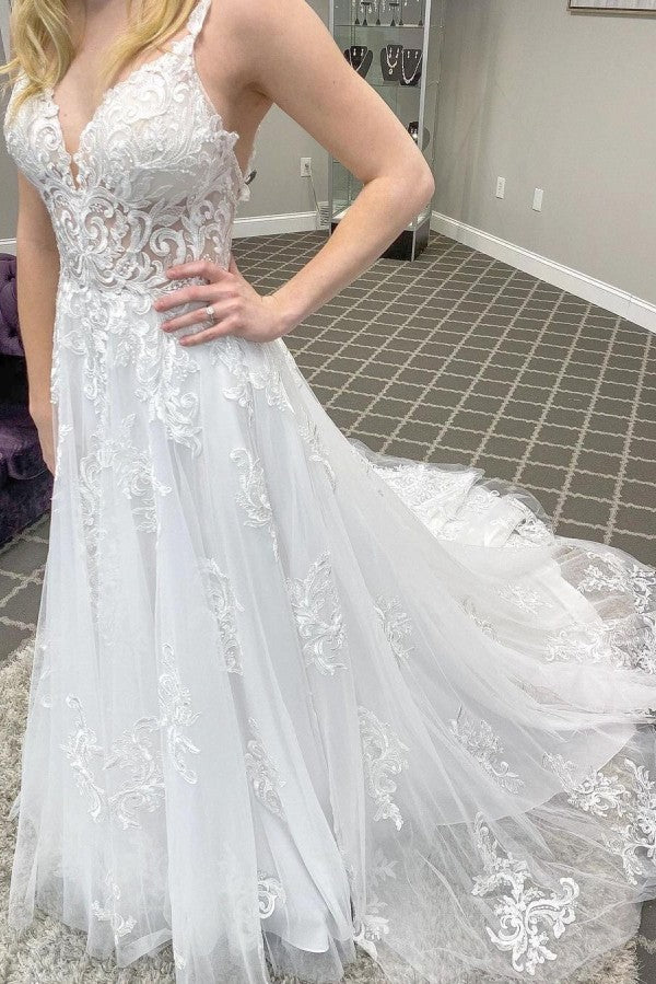 Elegant Long A-line V-neck Appliques Lace Tulle Backless Wedding Dress-showprettydress