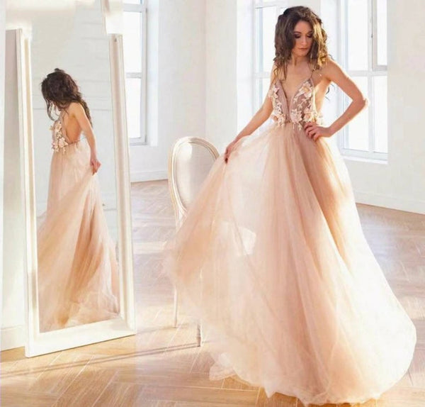 Elegant Long A-line V-neck Backless Tulle Floral Pattern Prom Dress-showprettydress