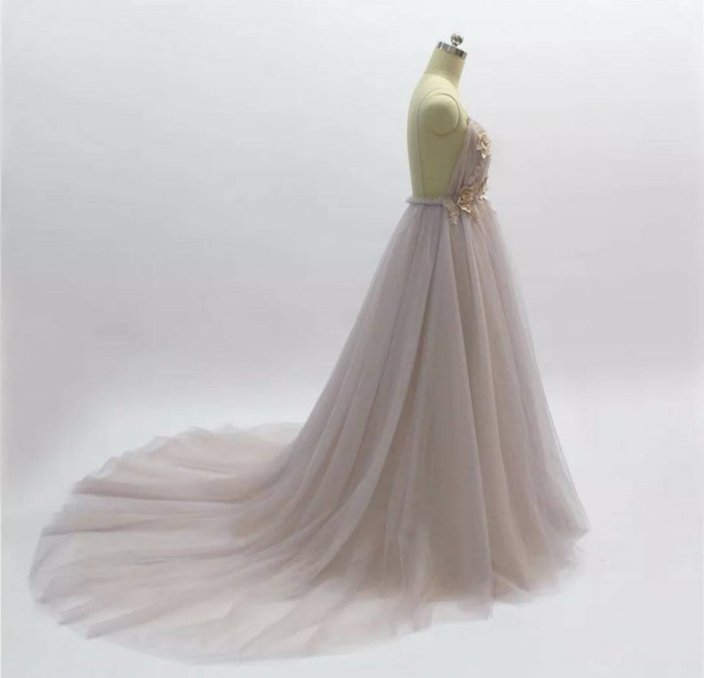 Elegant Long A-line V-neck Backless Tulle Floral Pattern Prom Dress-showprettydress