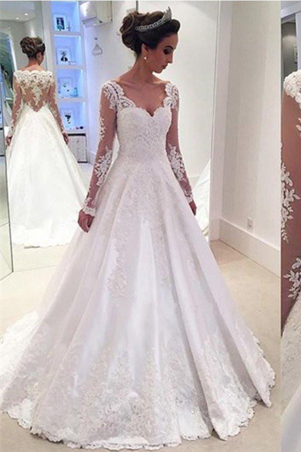 Elegant Long A-line V Neck Satin Lace Wedding Dress with Sleeves-showprettydress