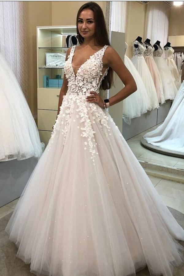 Elegant Long A-line V-neck Tulle 3D Floral Wedding Dress-showprettydress