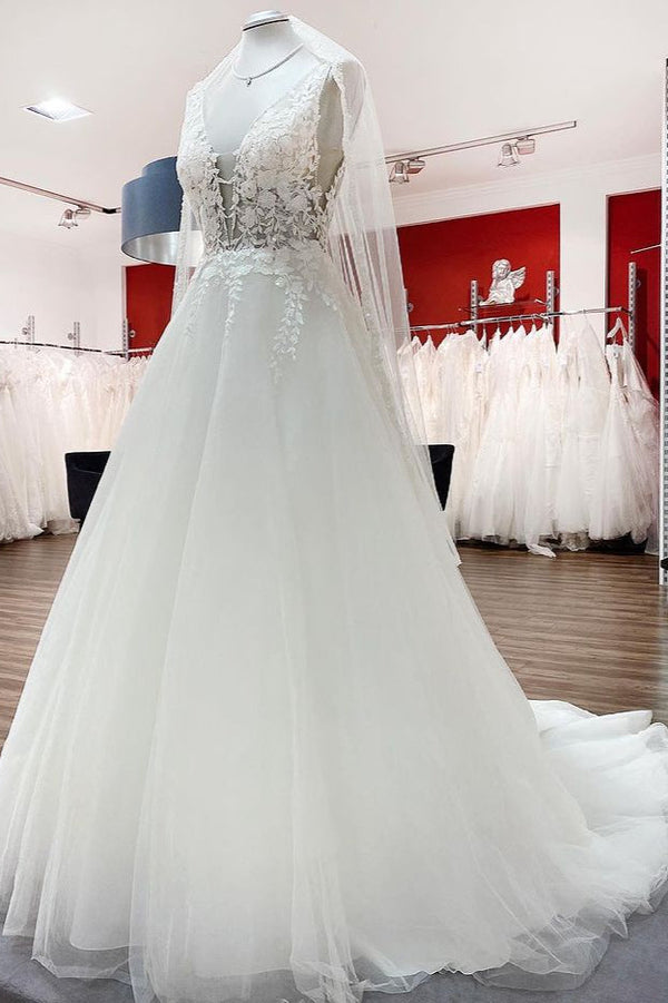 Elegant Long A-line V Neck Tulle Lace Open Back Wedding Dress-showprettydress