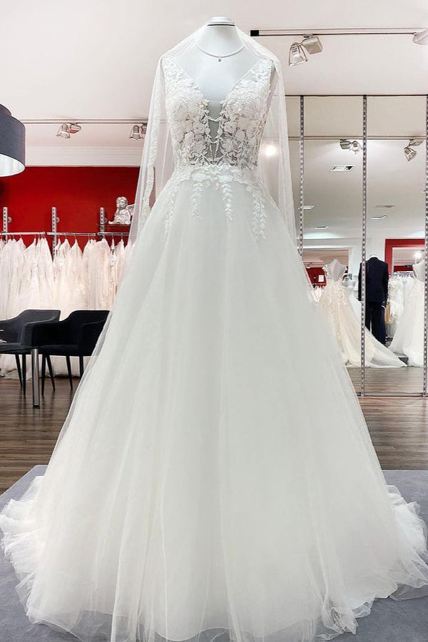 Elegant Long A-line V Neck Tulle Lace Open Back Wedding Dress-showprettydress