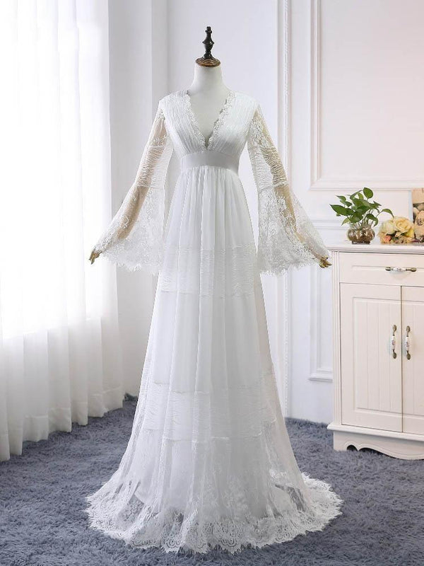 Elegant Long A-line V-Neck Tulle Lace Wedding Dresses with Sleeves-showprettydress